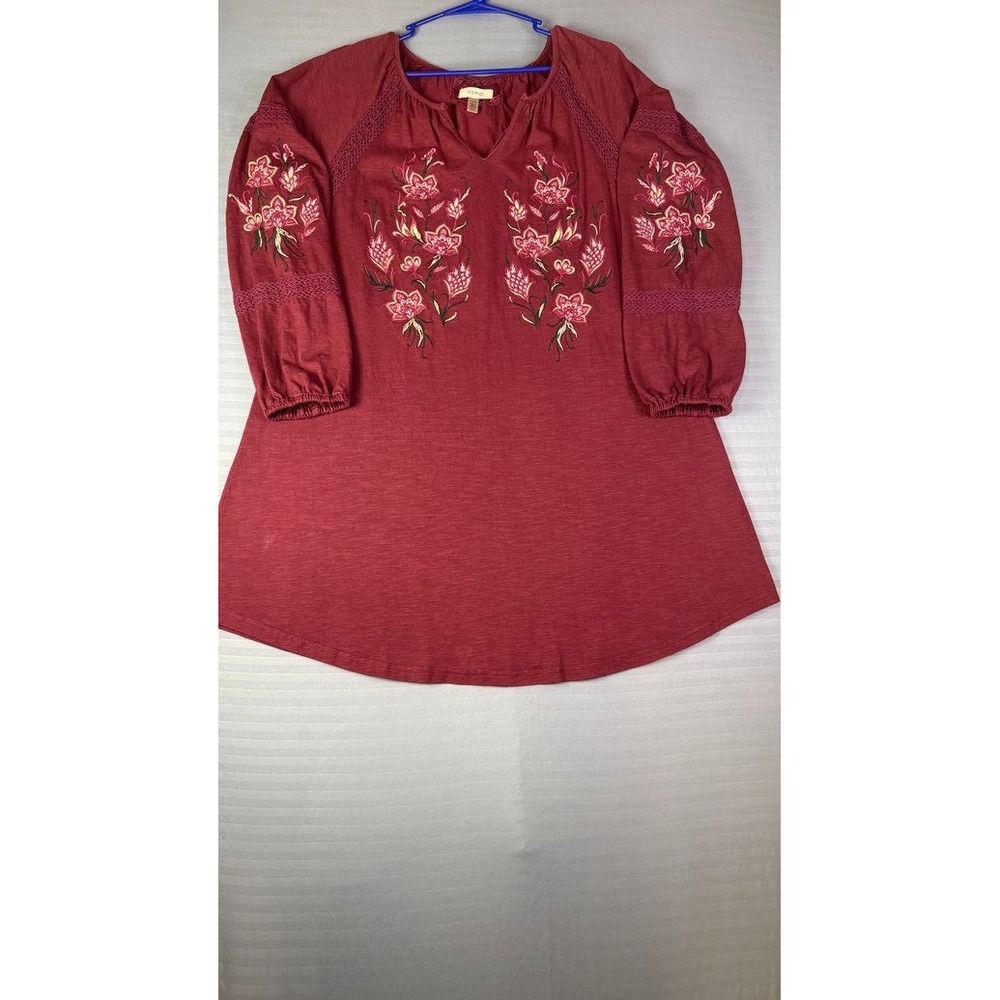 Cupio Burgundy Embroidered Boho Cotton Tunic Top Crochet Trim 3/4 Sleeve M